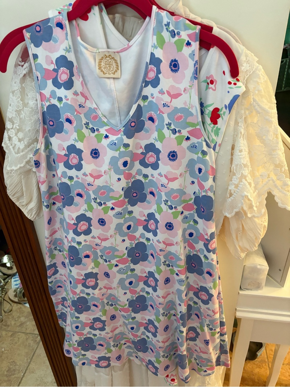 The Beaufort Bonnet Company Floral Sleeveless V-Neck Dress in Blue, Pink, White